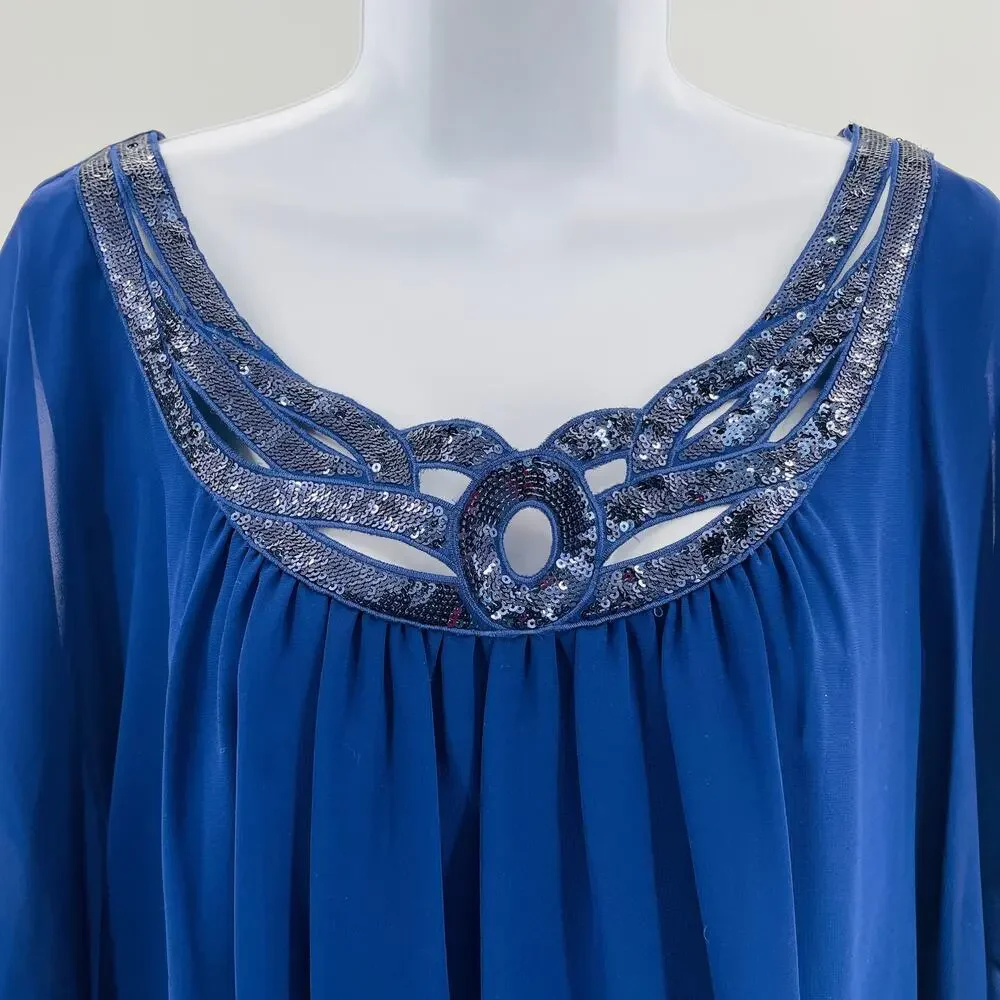 JR Nites by Carol Lin Blue Chiffon Sequin Neck Short Dolman Sleeve Dressy Top 14 - Picture 4 of 9